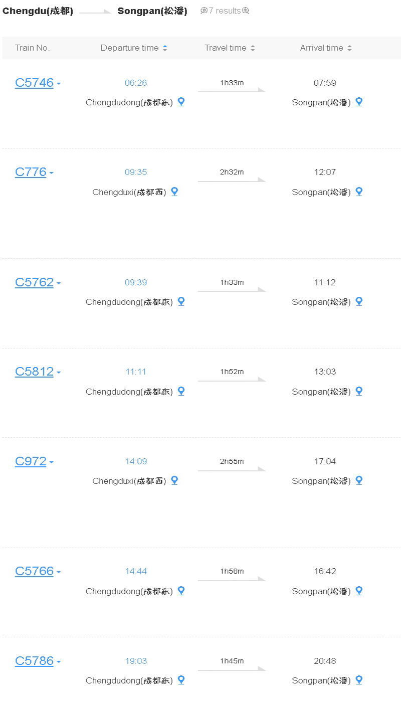 Chengdu to Songpan time table